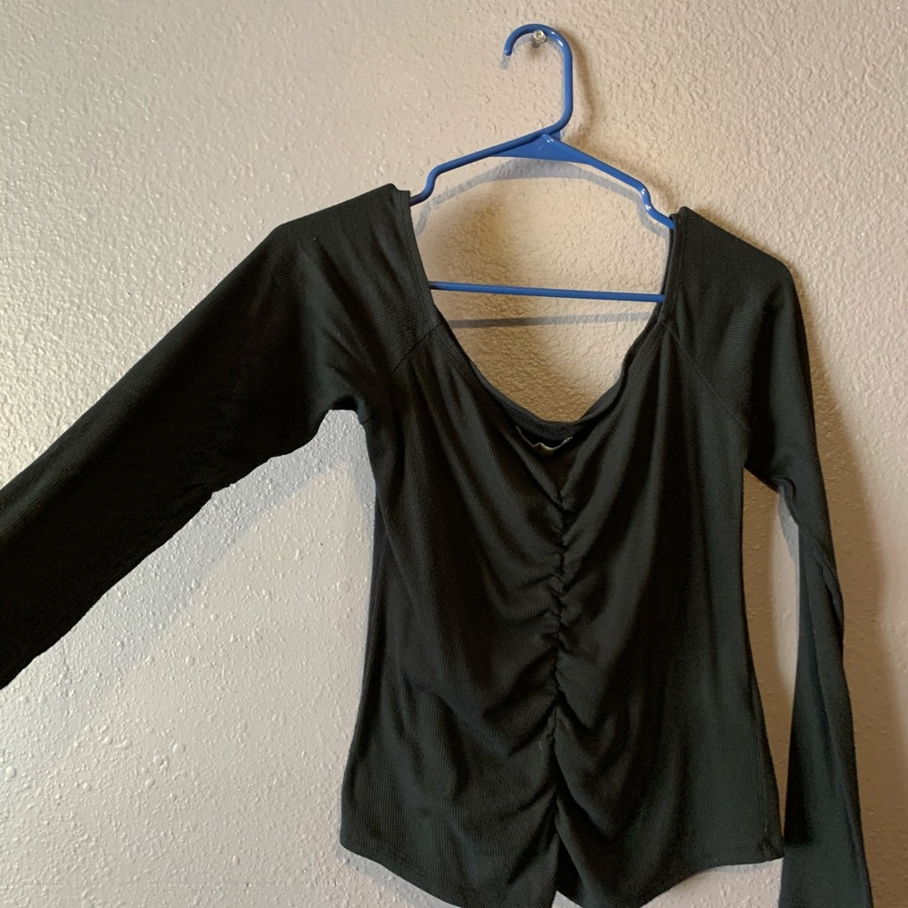 Navy blue off shoulder long sleeve crop top - Picture 4 of 4